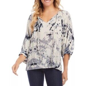 Karen Kane Tie Dye Peasant Blouse Small Made USA Tie Neck Gray Ivory